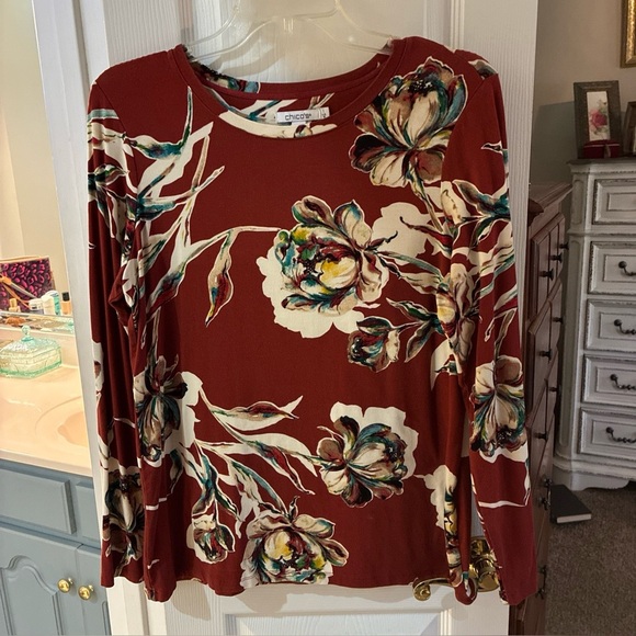 Chico's Tops - Chico's Bold  Floral Long Sleeve Top - Rust and Cream SZ 1/M